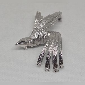 Vintage LeC Silver Tone Flying Bird Brooch Mid Century Sculptural